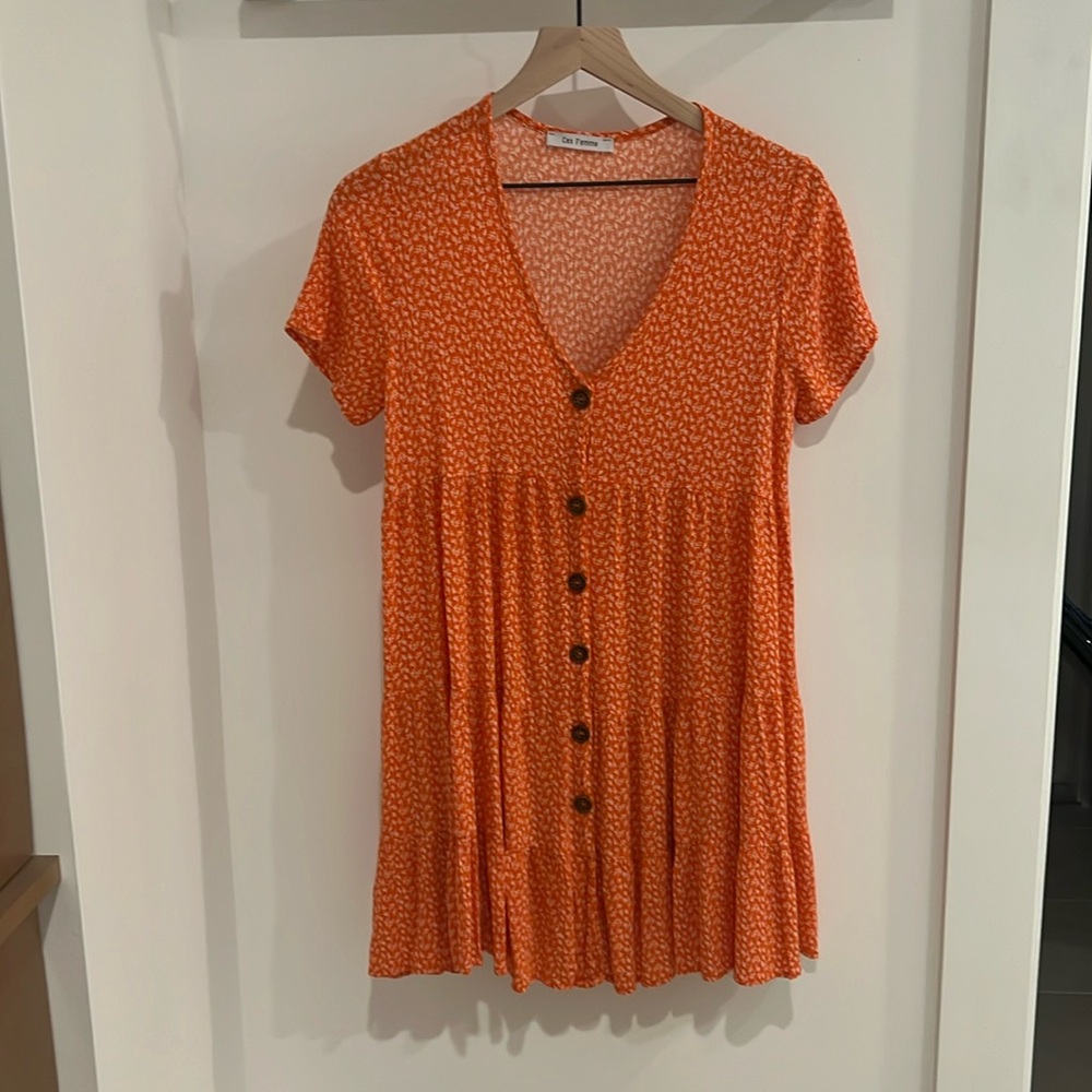 Floral Print Orange Button Down Dress with…